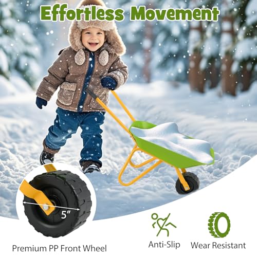 Costzon Kids Wheelbarrow, Metal Construction Toys Kart, Child Wheel Barrel w/Non-Slip Handle, Wearable Wheels, Yard Rover Steel Tray, Tote Dirt/Leaves/Tools in Garden for Toddlers (Light Green) - color: Green, size: 29" x 14" x 17"( L x W x H )