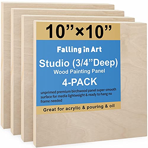 Falling in Art 4 Pack 10x10’’ Unfinished Birch Wood Panels Kit for Painting - size: 10'' x 10'' Studio