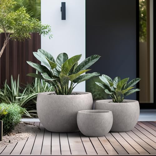 Kante Set of 3 CON Gray Concrete Bowl Planters 19.9" 15.7" 11.8" Dia - color: Light Gray, size: 19.9"D + 15.7"D + 11.8"D