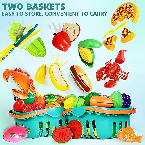 100 Pcs Play Food Set for Kids Kitchen, Pretend Food Toy for Toddlers Age 1-3, Plastics Cutting Fake Food/ Fruit/ Vegetable Accessories with 2 Baskets, Birthday Gifts for 2 3 4 5 Years Old Boys Girls - color: Blue