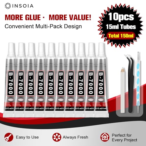 INSOIA B7000 Bedazzling Glue Tool Clear, 10 x 15ml Precision Tip - size: 15g*10pk,1 dbl-end pen,1 wax pencil,1 tweezer