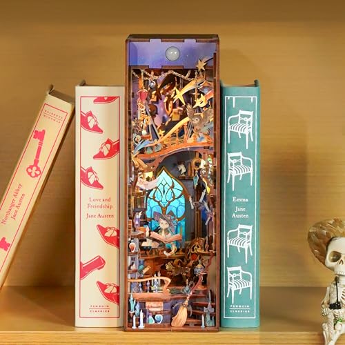 Tonecheer DIY Book Nook Kit for Adults,3D Wooden Puzzle Bookend Bookshelf Insert Library Decor, Booknook Miniature House Kit with Body Motion Sensor LED Light (Magic Stars Room) - color: Magic Stars Room
