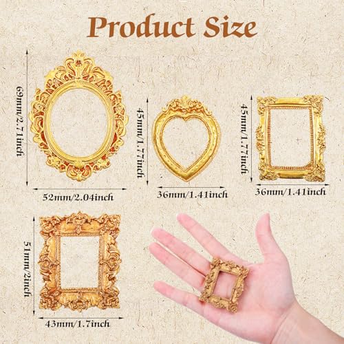 60Pcs Mini Vintage Gold Picture Frames, Small Resin Antique Frames for DIY Crafts, Jewelry Display, Tabletop Wedding Decor, and Photography Props (4 Styles, Oval, Rectangle, Heart)