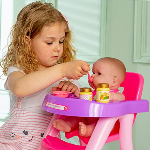 JC Toys - 14" Lots to Love Babies Doll and High Chair | Feeding Gift Set and Accessories | Posable & Waterproof | Ages 2+, Pink - color: High Chair and Doll Combo