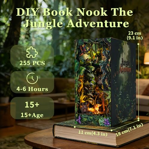 fifijoy Jungle Adventure Book Nook Kit - DIY Miniature Dollhouse Booknook for Adults, 3D Wooden Puzzle Bookend Bookshelf Decor with LED Light and Sound Effects, Creative Gift for Family, Friends - color: Jungle Adventure