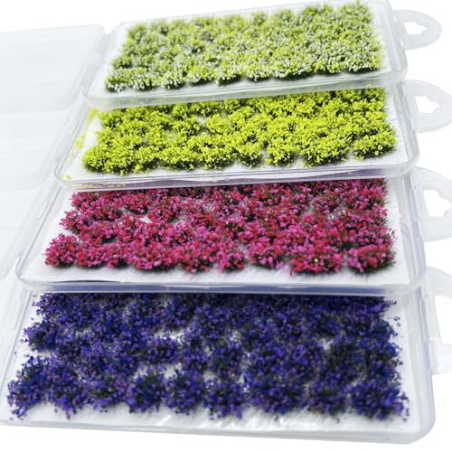 Woohome 4 Pack Miniature Colorful Flower Cluster Self Adhesive Flower Vegetation Groups Static Grass Tufts for Train Landscape Railroad Scenery Sand Military Layout Model - color: 4a