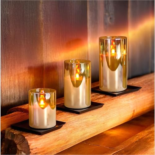 NICEME Radiance Evanescing Flameless Candles with Remote, 3 Pack Glass Battery Operated Candles with Timer, Real Wax Glass LED Candles Flickering Wedding Home Party Christmas D3 x H4 5" 6" Gold - color: White + Gold Glass, size: D 3”×H 4”5”6”