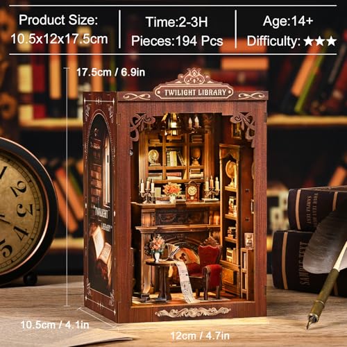 Library Book Nook Kit, DIY Miniature House Kit with LED, Vintage Study Bookshelf Decor, 3D Wooden Puzzle Craft, Gifts for Readers, Adults, Teens, Beginners (Twilight Library) - style: Twilight Library
