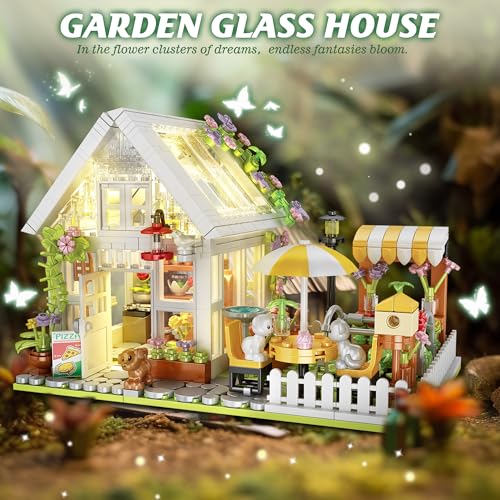 Flower House Building Block for Adults, Garden Architecture Building Toy with LED, Greenhouse Model Building Set, Garden Glass House Building Kit, Christmas & Ideal Gift for Kids 12+ (1188pcs)