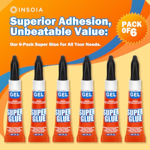 INSOIA Super Glue Gel Clear, 6 x 3g, All Purpose Non-Drip Single-Use - style: Gel