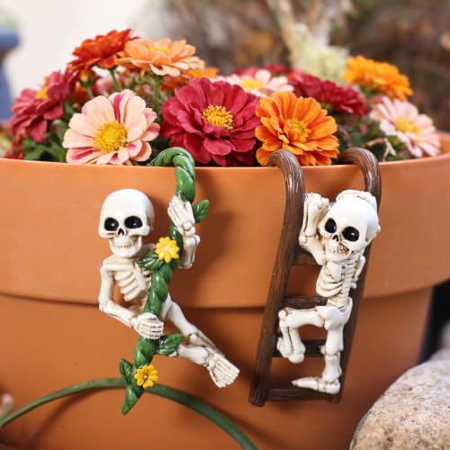 2 PCS White Skeleton Statues Pot Hugger Decorations for Plant, Miniature Skull Garden Decor Outdoor Figurines Plant Hangers Decor for Flower,Yard,Lawn Ornaments (Multicolor) - color: Multicolor