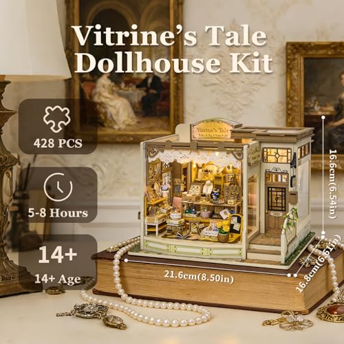 fifijoy DIY Miniature Dollhouse Kit - Jewelry Shop DIY Miniature House Kit for Adults and Teens, 3D Wooden Puzzle Tiny House Model with LED Light, Unique Gift for Family, Friends (Vitrine’s Tale) - color: Vitrine's Tale