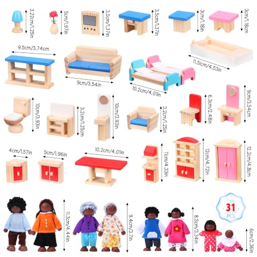 Sumind 35 Pcs Wooden Dollhouse Furniture and 8 African American Dolls Set for Inclusive Creative Play Fits Most 1 12 Scale Miniature Houses Easter Gift for Boys Girls - style: African-American Dolls