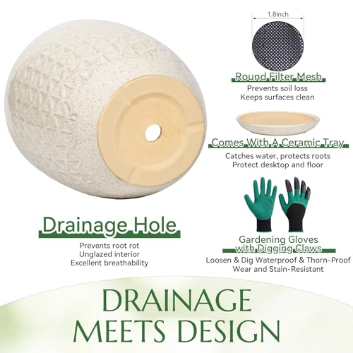 11.8 Inch Flower Pots for Indoor Plants,Ceramic Planter with Saucer Drainage Leak-Proof Mesh Gardening Gloves (Silk-White) - color: Silk-white, size: 11.8 Inch