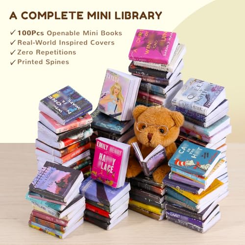 1:12 Scale Mini Desk Set with 100 Mini Books & 2 Bookshelves — Miniature Dollhouse Furniture Set with Office Chair, Computer & 15+ Accessories — Mini Desk Accessories for Doll House Diorama - color: Modern White