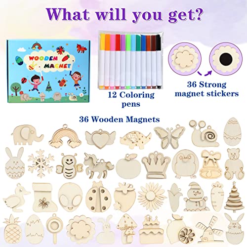 DIY Wooden Magnet 36 Art Craft Supplies Painting Kit for Kids Ages 4-8 8-12