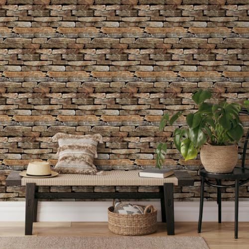 COMSTICKC 3D Faux Stone Wall Panels Peel and Stick, 10 Pcs 11.8" x 11.8" - color: Dark Brown