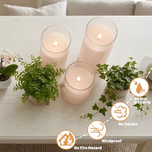 NICEME Flickering Flameless Candles with Remote Control Timer Unbreakable Acrylic Battery Operated LED Candles with Flickering Flame 3D Wick for Romantic Ambience Home Decor Set of 3, D3” xH4” 5” 6” - color: Ivory + Clear Acrylic, size: D 3”×H 4”5”6”