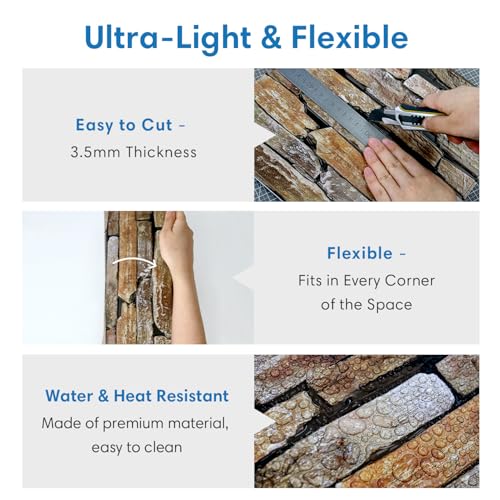 COMSTICKC 3D Faux Stone Wall Panels Peel and Stick, 10 Pcs 11.8" x 11.8" - color: Dark Brown