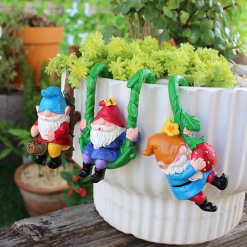 Set of 3 Cute Climbing Gnome Figurines Flower Pot Hugger, Resin Hanging Gnomes Statue Outdoor Decor Fence Ornaments for Patio Lawn Garden Yard (Swing Gnome) - color: Swing Gnome