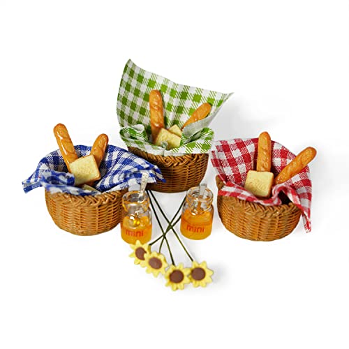 Miniature Food Dollhouse Accessories Garden Decor 1:12 Scale Bread Honey Picnic Basket Cloth Flowers 9PCS Garden Decoration Mini Room Display Props Model (Blue Picnic Cloth) - style: Blue Picnic Cloth