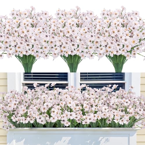 Bassion 24 Bundles Artificial Flowers for Outdoors Decorations, White - color: White