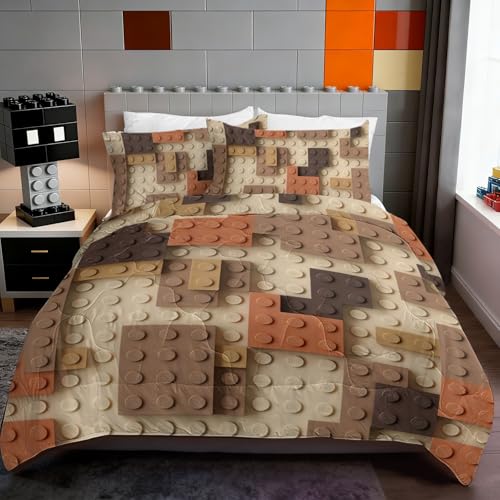 BlessLiving Teen Boys Brick Twin Comforter Set Earth Tone Bedding Set Boho Cottagecore Terracotta Sage Green Microfiber Comforter Soft Cozy Bed Set for Bedroom Guest Room - color: Caramel Building Blocks, size: Twin/Twin XL
