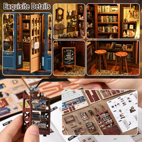 Book Nook Kit, DIY Miniature House Kit for Adults & Teens, Vintage Bookstore Scene Bookshelf Insert Decor with LED, 3D Wooden Puzzle Gift for Book Lovers (Pergola Reading Room) - style: Pergola Reading Room