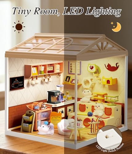 Cute Cat Cafe DIY Miniature House Kit with Roof & LED Light, Stackable & Connectable Dollhouse Kit with Dustproof Door, Creative DIY Crafts Building Toy Gift for Adults Teens - color: Cat Cafe, size: Meduim