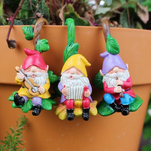 Set of 3 Cute Climbing Gnome Figurines Flower Pot Hugger, Resin Hanging Gnomes Statue Outdoor Decor Fence Ornaments for Patio Lawn Garden Yard (Music Gnome) - color: Music Gnome