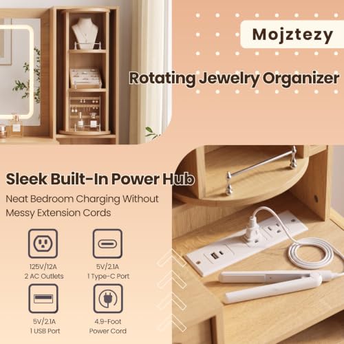 Mojztezy Modern Vanity Desk with Mirror, 4 Drawers Storage, Rotating Jewelry Organizer and USB-C Charging Station for Bedroom Dressing Room