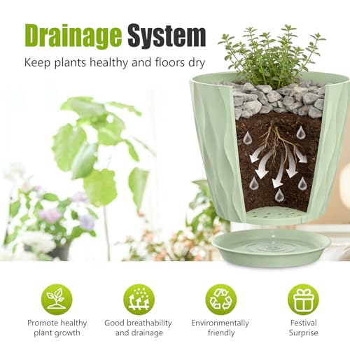 8 Inch Plastic Plant Pots,Set of 5 Flower Pots,Planters with Drainage Holes & Saucers, Indoor Outdoor Garden Pots for Home Decor(Green) - color: Green