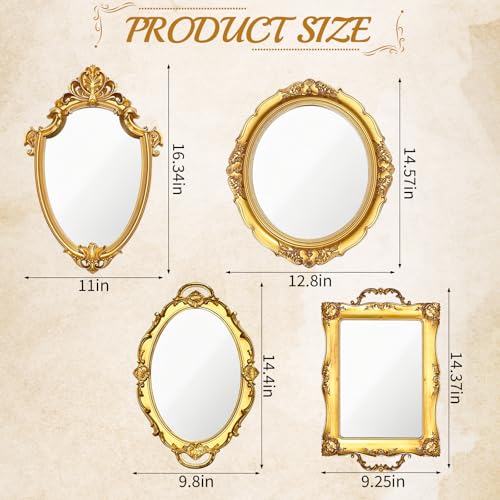 4 PCS Vintage Gold Mirror Set Vintage Mirrors for Wall Antique Shield Shape Square Oval Decorative Mirror Jewelry Dresser Organizer Tray for Living Room Bedroom Wedding Desktop Photography Decoration