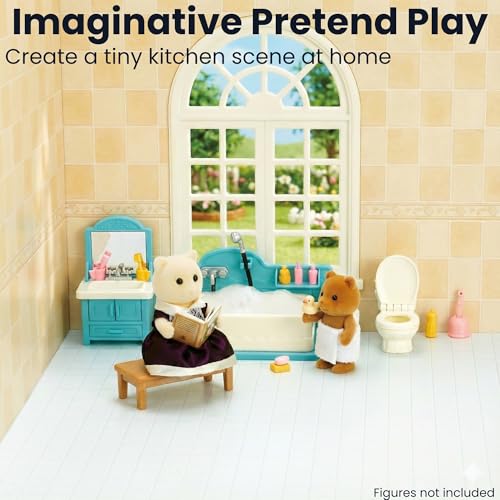 Family Dollhouse Bathroom Set — Bathtub with Hand Shower, Sink with Mirror & Toilet, Soap, Toothbrush & Toilet Paper Roll — Dollhouse Furniture & Accessories for Ages 3+ - style: Bathroom Set