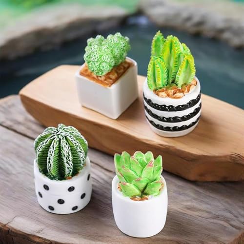 4Pcs Mini Cactus Succulent Resin Ornaments - Cute Car Dashboard Figurines Flower Pot Set - Fairy Garden，Birthday Cakes Decoration，DIY Aquascape Kit, Aquarium Moss Layout Desktop Landscape Accessories.