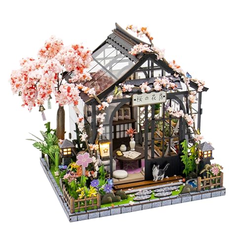 Roroom DIY Miniature House Kit, Dollhouse Kit with Dust Cover & LED Lights - color: Spring Sakura Greenhouse