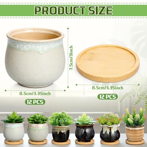 Remerry 12 Pcs Ceramic Succulent Pots with Drainage 3.5 Inch Bamboo Tray - size: 3.5 Inch