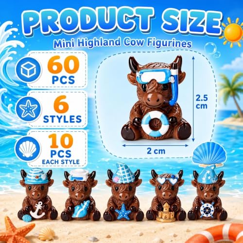 Yaomiao 60 Pcs Mini Coastal Highland Cow Figurines Bulk Resin Cow Statues - style: Summer Nautical