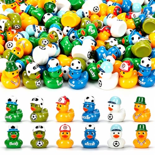 120 Soccer Mini Resin Ducks 6 Styles Bulk Miniature Football Duck Figurines for Soccer Party Favors Team Gifts Goodie Bags Stuffers Tabletop Dollhouse Cake Fairy Garden Micro Landscape Decor