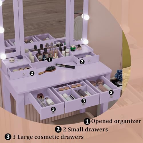 Purple Vanity Desk with Mirror and Lights Purple Vanity for Girls Makeup Vanity Desk with Lights Vanity Table with Lighted Mirror Make Up Vanity Desk with Drawers and Chair Set - style: Purple