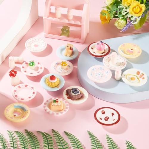 FASHEWELRY 16Pcs Cute Dollhouse Cake Plates Resin Miniature Playhouse Dishes 38mm Kitchen Tableware Models Display Ornaments for Micro Landscape Decoration Garden Home Party Decor - color: 8 Colors-round Plates