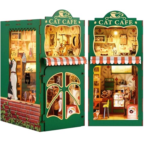 Book Nook Kit,DIY Miniature House Kit for Adults, Teens and Beginners, Dollhouse Booknook Cat Cafe Tiny House Bookshelf Decor 3D Wooden Puzzle, Gifts for Family, Friends - color: Cat Cafe