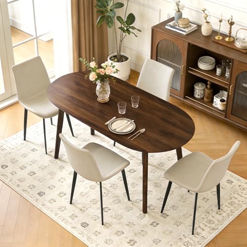 63" Oval Dining Table Set for 4 with Solid Wood Legs - color: Walnut Table Beige Chairs