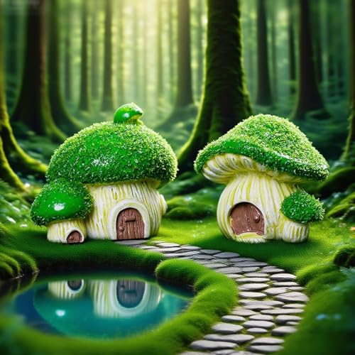Set of 4 Flocked Miniature Mushroom House Fairy Garden Accessories, Mini Resin Gnome Elf House Figurines for DIY Micro Landscape Decor Outdoor Bonsai, Terrarium, Planter Flower Pot Ornaments - color: Mushroom House