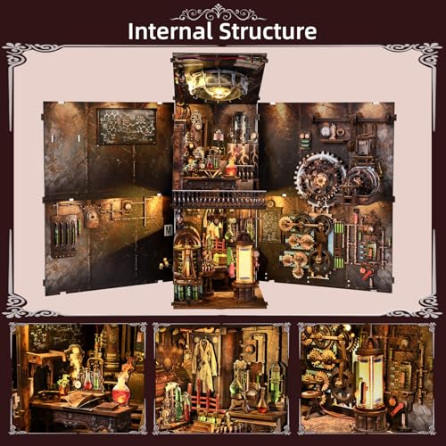 fifijoy Book Nook Kit, DIY Miniature Dollhouse Booknook Kit, 3D Wooden Puzzle Bookend Bookshelf Insert Decor with LED Light for Teens and Adults (Steampunk Mad Scientist Laboratory) - color: Mad Scientist's Lab