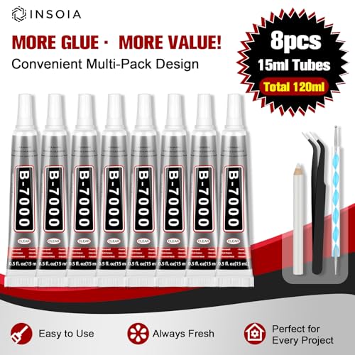 INSOIA B7000 Bedazzling Glue Tool Clear, 8 x 15ml Precision Tip - size: 15g*8pk*1 dual-end pen,1 wax pencil,1 tweezer