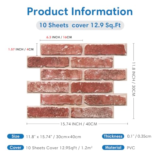COMSTICKC 3D Faux Brick Wall Panels Peel and Stick, 10 Pcs 15.7" x 11.8" - color: Vintage Red-1
