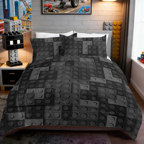BlessLiving Kids Building Blocks King Comforter Set Geometric Minimalist Bedding Set Modern Black Grey Microfiber Comforter Soft Lightweight Bed Set for Apartment Dorm Bedroom - color: Black Building Blocks, size: King