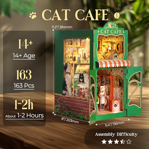 Book Nook Kit,DIY Miniature House Kit for Adults, Teens and Beginners, Dollhouse Booknook Cat Cafe Tiny House Bookshelf Decor 3D Wooden Puzzle, Gifts for Family, Friends - color: Cat Cafe