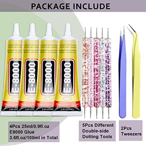 E8000 Super Glue Clear, Upgrade Jewelry B-7000 Glue for Diamond Jewelry Rhinestone Fabric Glue Strength Adhesive for Nail Art DIY Crafts Clothes Shoes Bags with Dotting Pens and Tweezers(4 X 25ML) - color: 4pcs x 25ml Clear glue